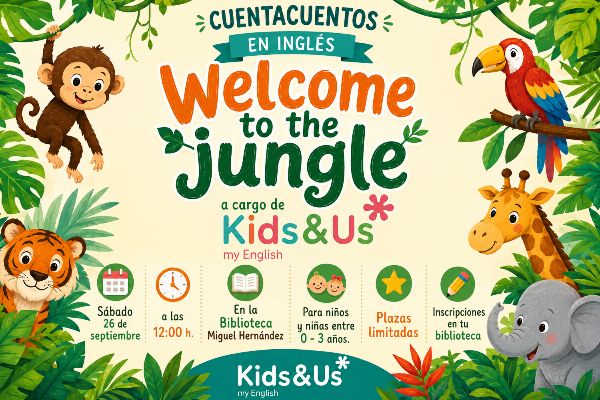 Cuentacuentos en inglés. Welcome to the jungle a cargo de Kids & Us. Sábado 26 de septiembre. 12:00 h. Bebés de 0-3 años acompañados por un adulto.