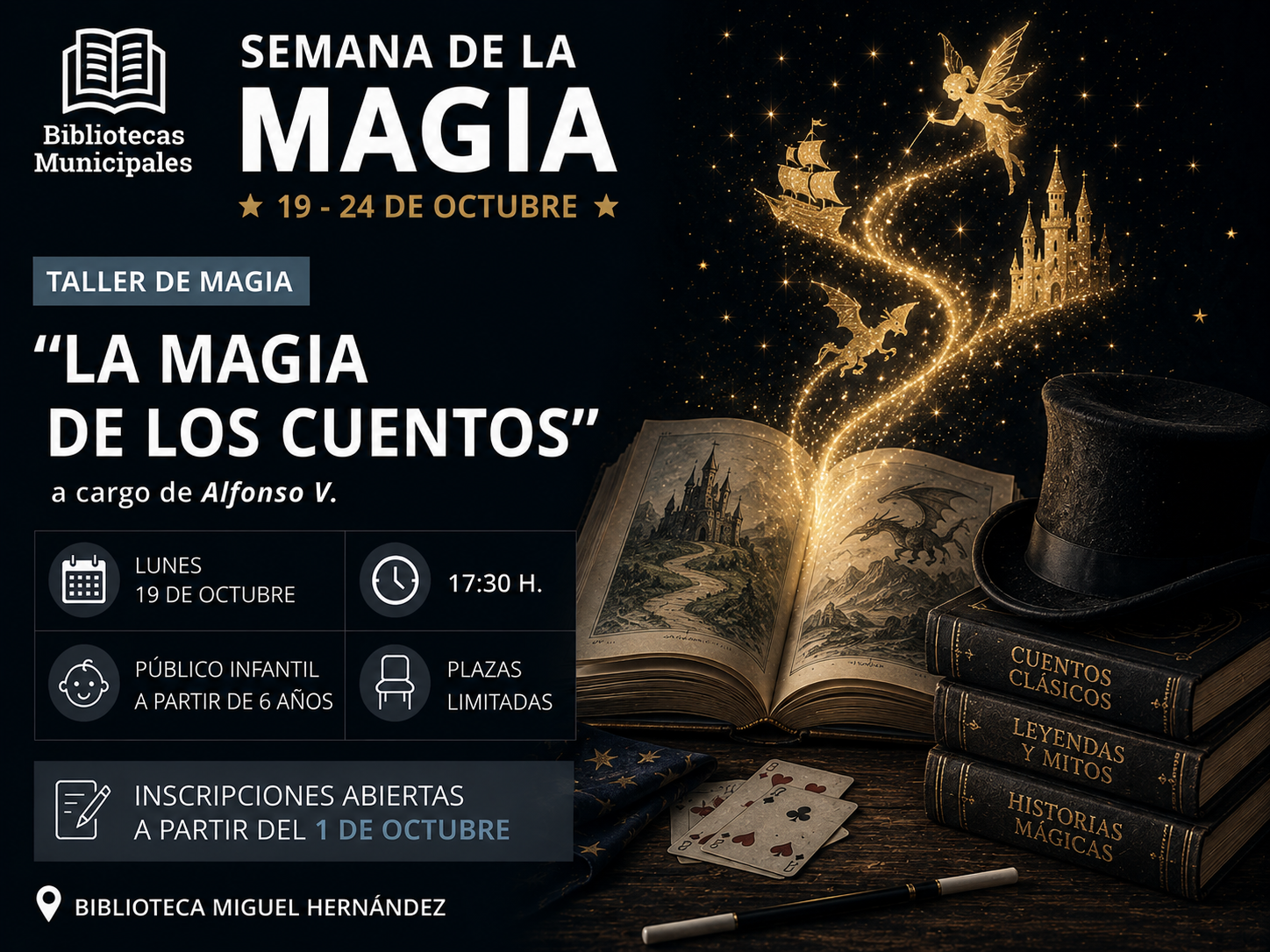 Taller infantil "La magia de los cuentos" a cargo de Alfonso V. Lunes 19 de octubre. 17:30 h. A partir de 6 años.